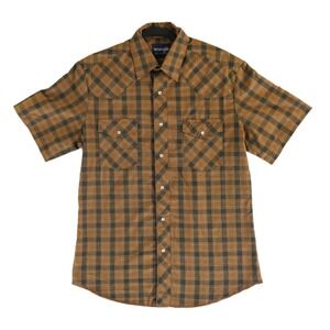 Wrangler Western Shirt Men's Size Medium Brown Plaid Pearl Snap Short Sleeve